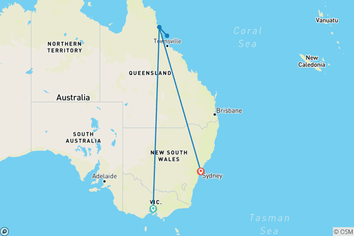 Carte du circuit Contraste de l'Australie (avec vol intérieur, 9 jours)