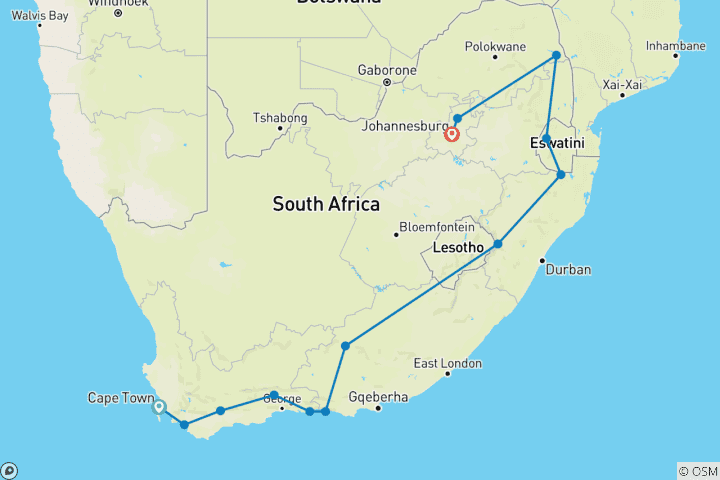 Map of All around South Africa: From the Cape to the Kruger Safari (13 destinations)