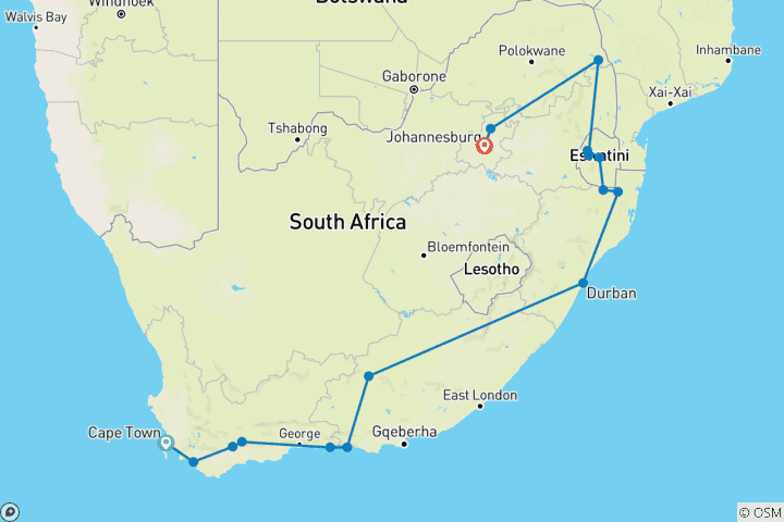 Map of All around South Africa: From the Cape to the Kruger Safari (16 destinations)