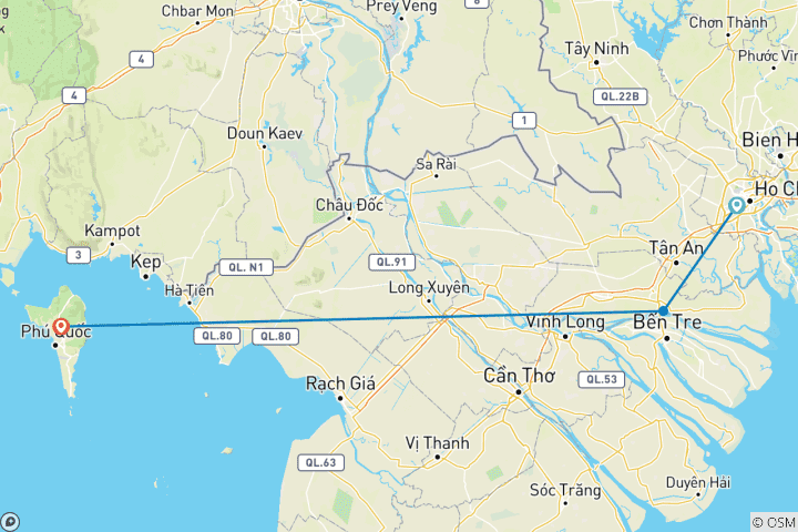Carte du circuit Aventure budgétaire de 6 jours : Ho Chi Minh Ville et l'île de Phu Quoc