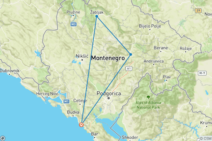 Carte du circuit Monténégro : côte et parcs nationaux - voyage privé guidé