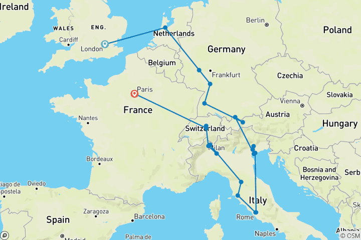 Carte du circuit Les incontournables de l'Europe (classique, début à Londres, fin à Paris, 15 jours) (42 destinations)