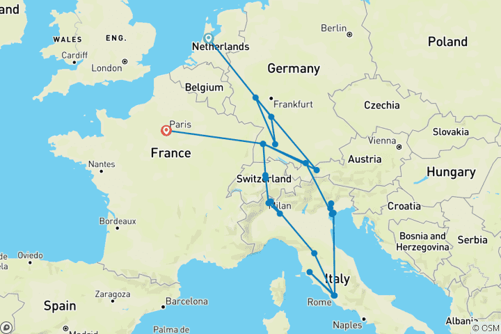 Carte du circuit Points forts de l'Europe (petits groupes, début à Amsterdam, fin à Paris)