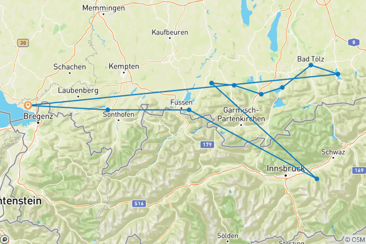 Karte von Geführte Bayern-Ebiketour | Deutschland: Bodensee bis Tegernsee | 8 Tage