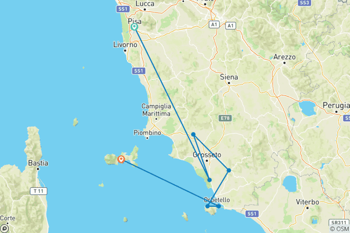 Karte von Geführte Toskana-Ebiketour | Italien: Highlights der südlichen Toskana & Elba | 8 Tage