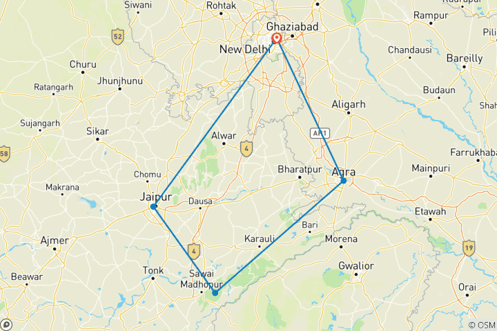 Carte du circuit 5 jours - Circuit du Triangle d'Or avec Ranthambore (safari en jeep privé)