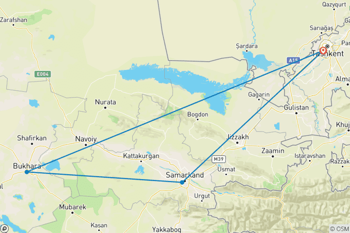 Karte von 7 Tage in drei Hauptstädten von Usbekistan: Taschkent, Samarkand, Buchara - für kleine private Gruppen