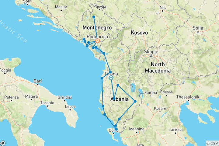 Map of Journey through Albania and Montenegro - Self-drive tour