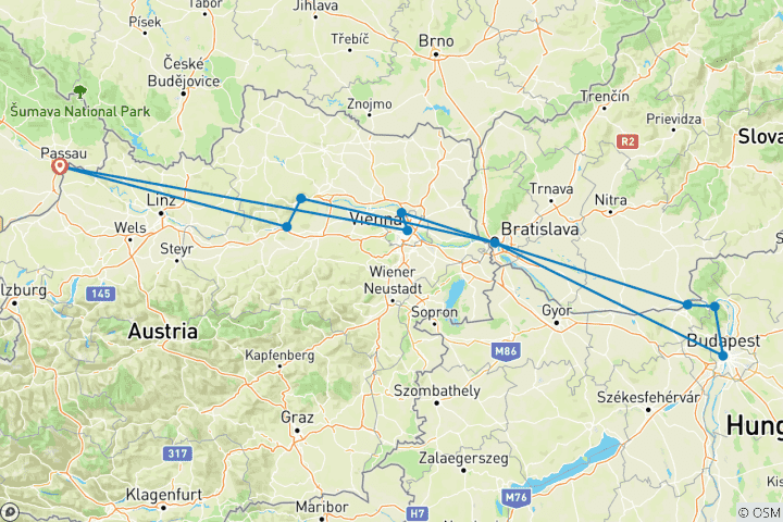 Carte du circuit Autriche, Allemagne, Hongrie, Slovaquie - Circuit guidé - Ebiketour | Danube - Fleuve | 8 jours