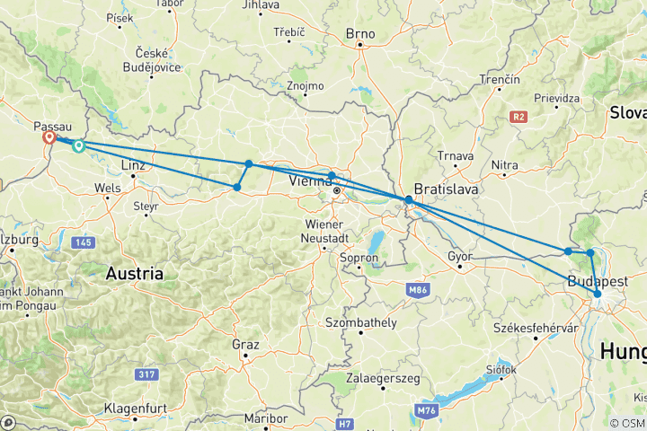 Karte von Österreich, Deutschland, Ungarn, Slowakei geführte Ebike Donau Fluss 8 Tage