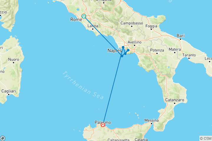 Map of SOUTHERN LIGHTS - FROM ROME TO PALERMO