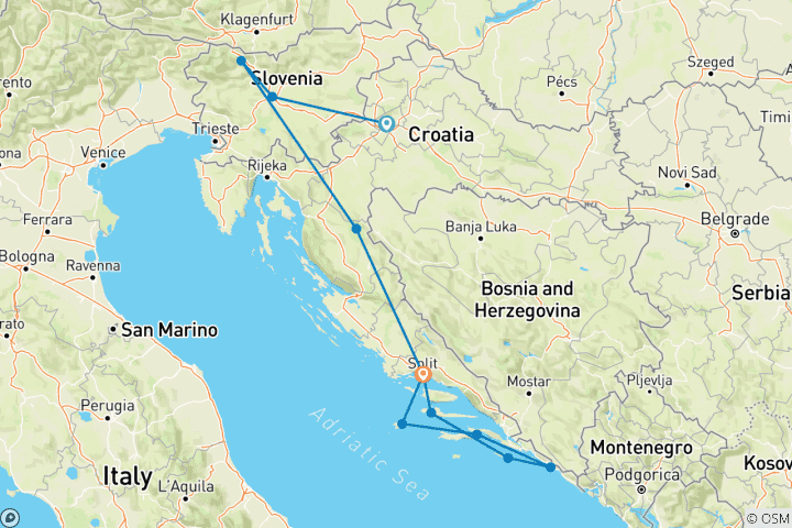 Carte du circuit Combo 2025 : Croatie et Slovénie par terre et par mer - de Zagreb à Split