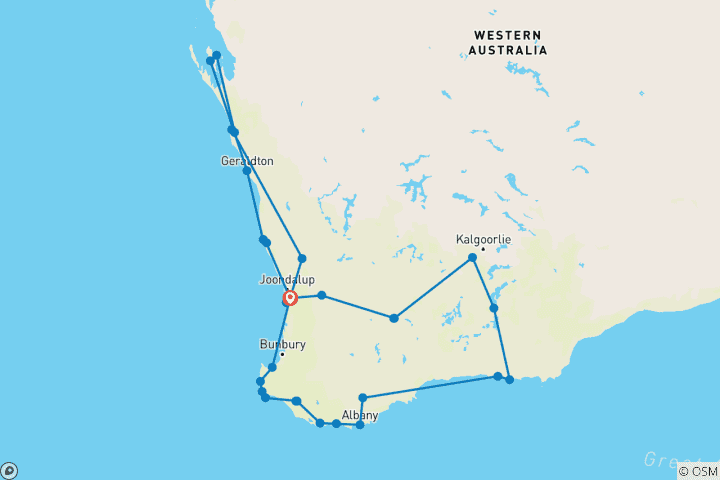 Carte du circuit Circuit de l'arrière-pays du sud-ouest : 15 jours d'aventure sur la côte et dans la nature sauvage en Australie