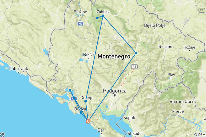 Map of Montenegro: Coast and national parks - self-drive Tour