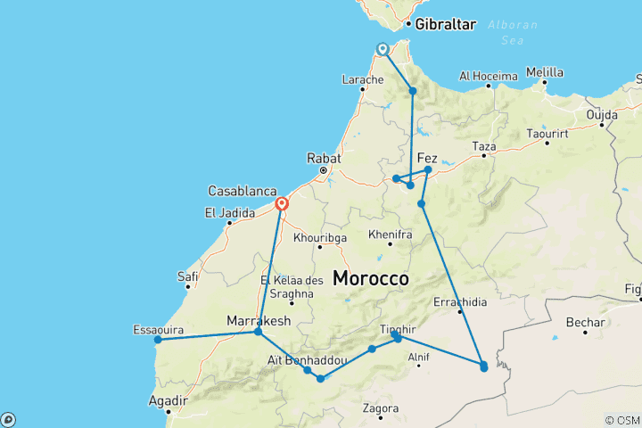 Carte du circuit Circuit culturel privé de 12 jours au Maroc au départ de Tanger : Découvrez les villes impériales, le désert du Sahara et Essaouira