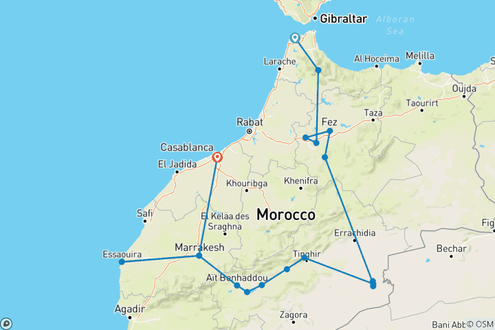 Map of 12-Day Private Cultural Morocco Tour from Tangier: Explore Imperial Cities, Sahara Desert and Essaouira