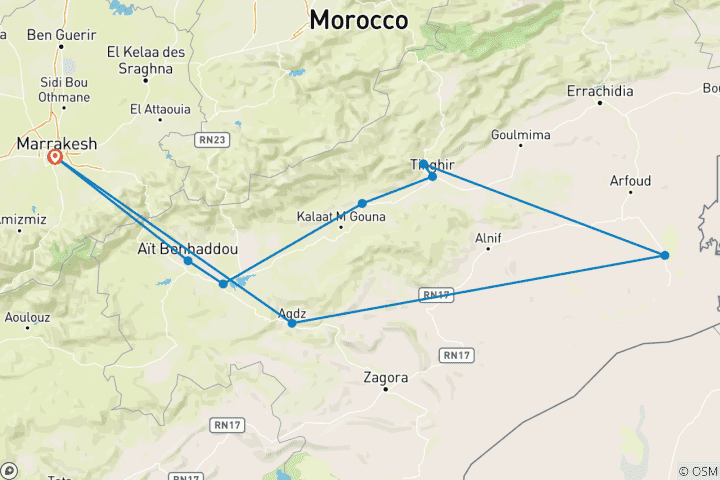 Carte du circuit Circuit privé de 3 jours dans le désert du Sahara au départ de Marrakech avec promenade à dos de chameau et campement de luxe