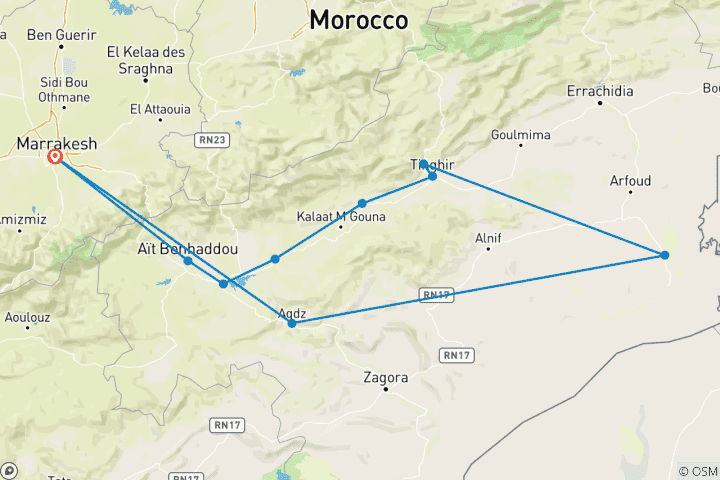 Kaart van 4-daags privéavontuur in de Sahara: Rondreis vanuit Marrakech