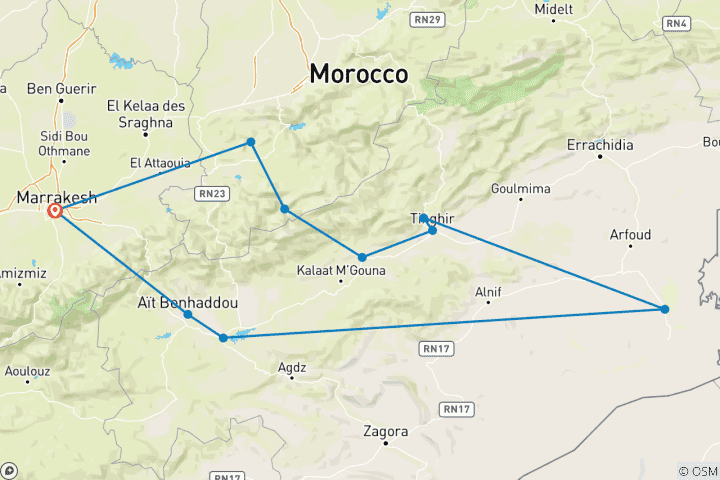 Map of 6 Days Sahara & Atlas Mountains Tour From Marrakech Back To Marrakech