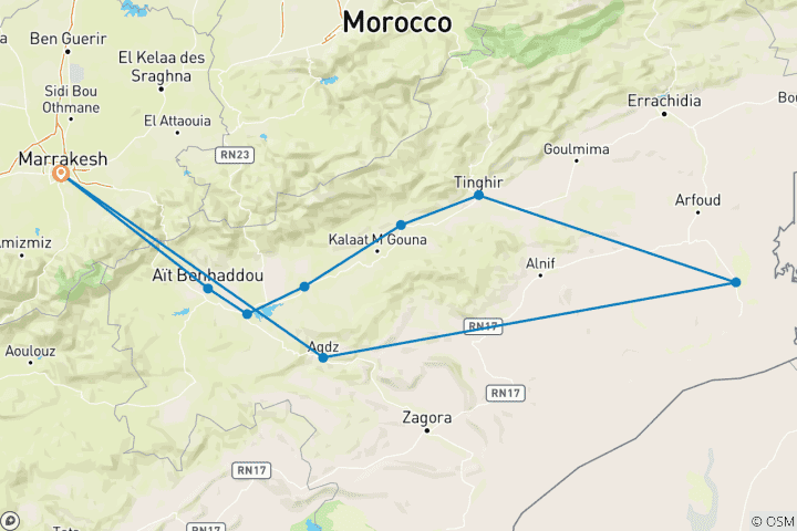 Kaart van 8-daagse privéreis door Zuid-Marokko: Marrakech, Sahara en verder