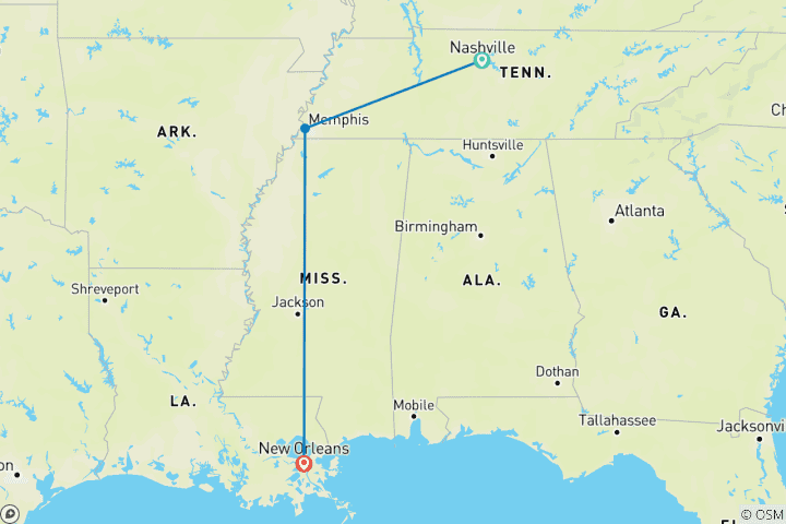 Map of Tennessee Music Trail to New Orleans