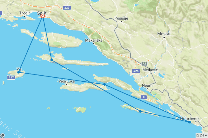 Carte du circuit Adriatic Paradise Cruise 2025 by Adriatic Princess - de Split à Split