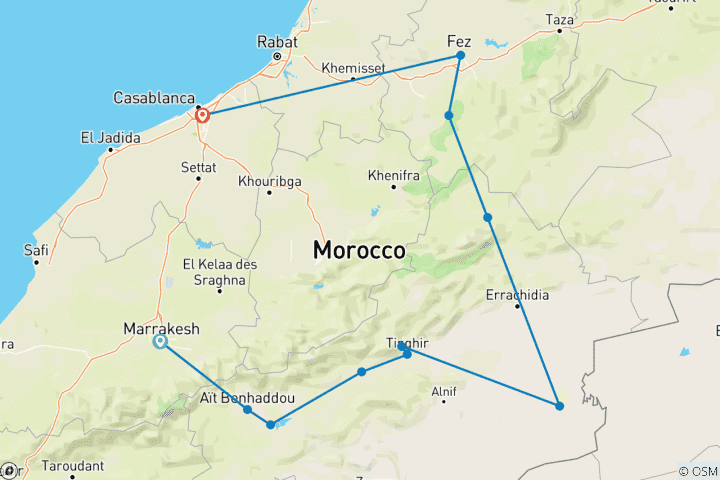 Map of 7 Days Private Morocco Tour From Marrakech To Casablanca Via The Sahara Desert