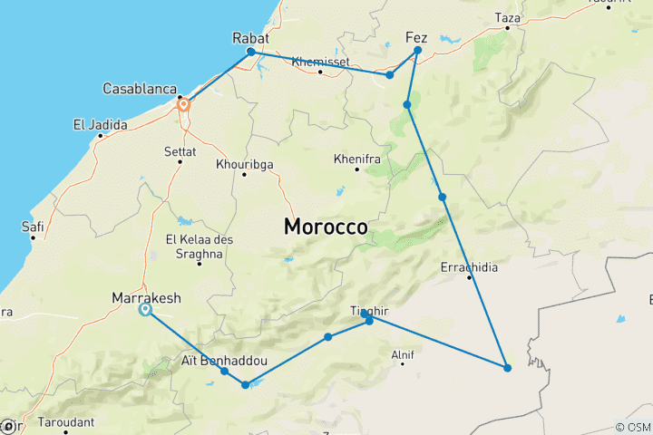 Kaart van 8 daagse privérondleiding door Marokko van Marrakech naar Casablanca via de Saharawoestijn