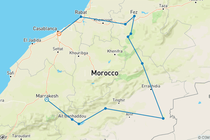 Map of 8 Days To Casablanca Via The Sahara Desert Tour From Marrakech