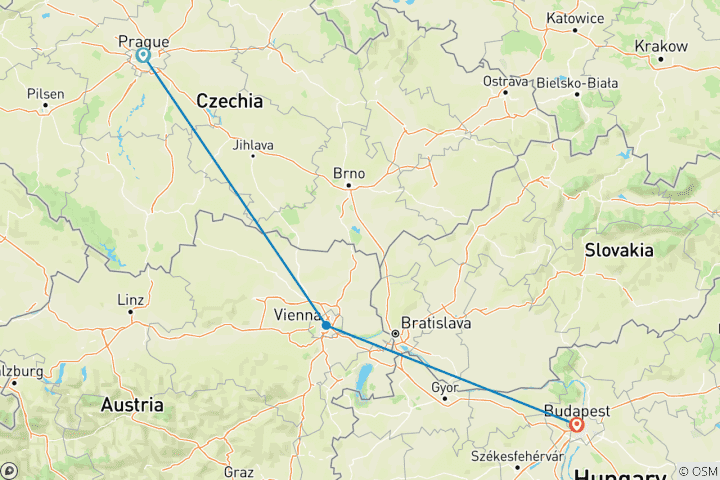 Carte du circuit Prague - Vienne - Budapest