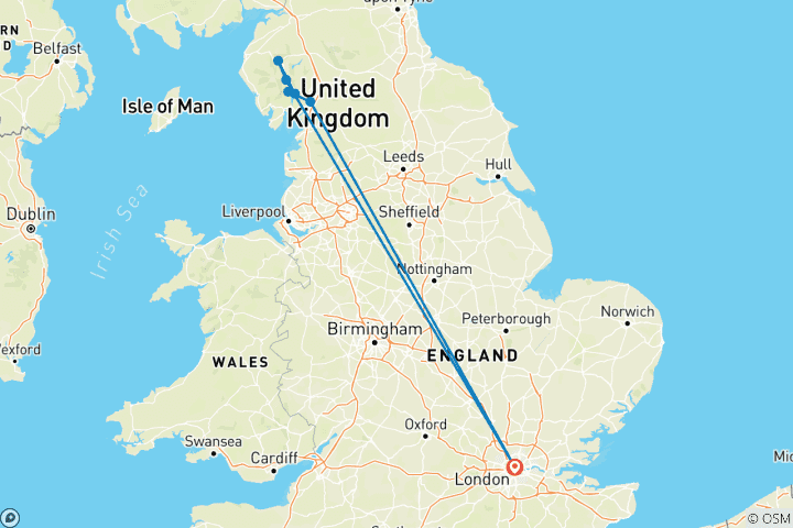 Map of London & Lake District Adventure – 6 Days