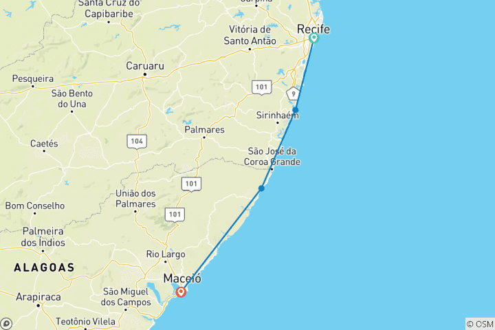 Carte du circuit Brésil - Sable, mer et soleil - Recife, Porto de Galinhas, Maragogi, Maceio - 9 jours