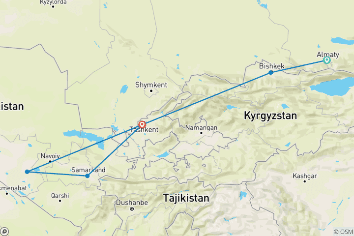 Map of Tour along 3-stans of Central Asia 12 Days: Kazakhstan, Kyrgyzstan, and Uzbekistan