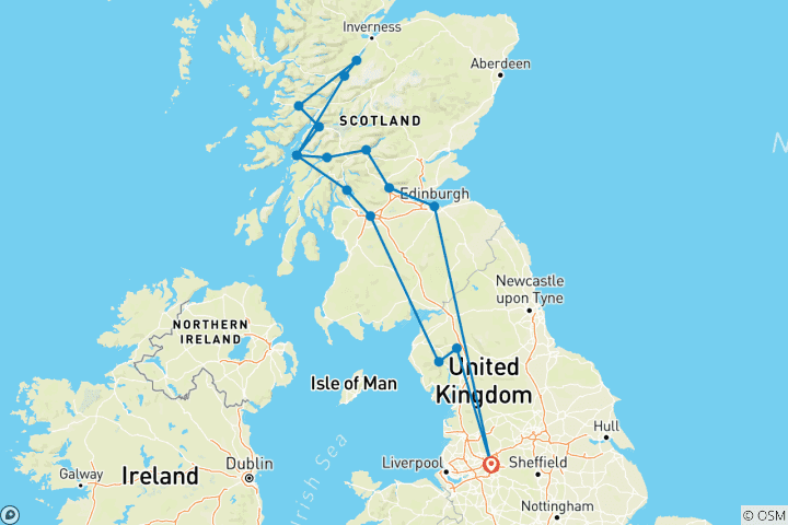 Mapa de Viaje a Escocia de 4 días en grupo pequeño desde Manchester