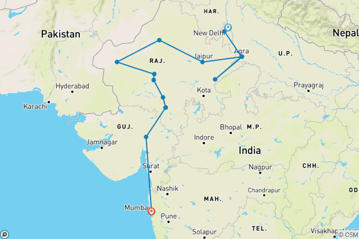 Map of Round trip - Exotic India