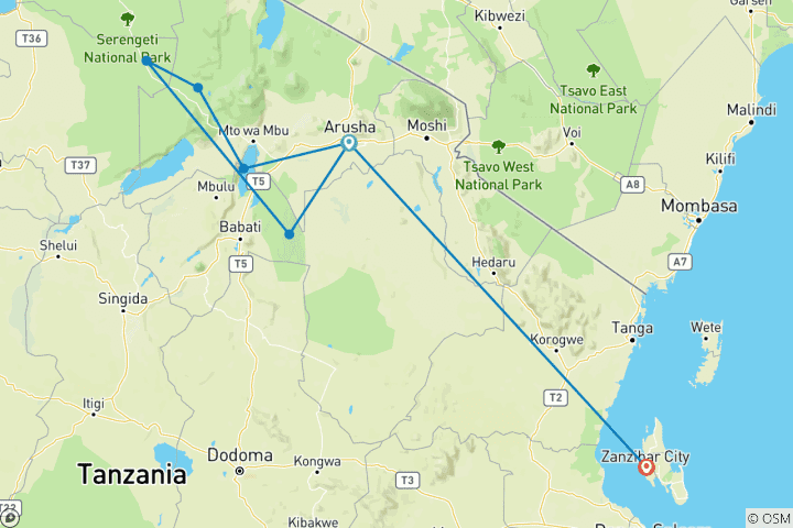 Map of 11-Day Best of Tanzania & Zanzibar Safari