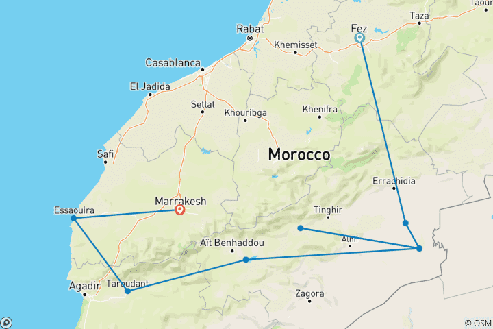 Map of 14 Private Days Tour from Fes To Marrakesh