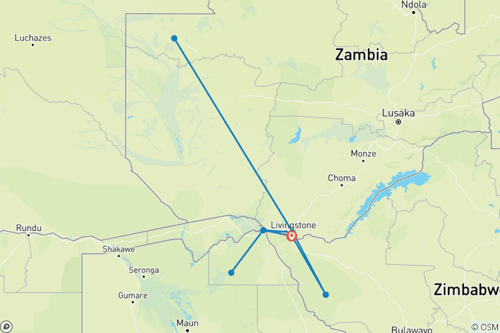 Map of Hwange, Chobe & Falls - 10 days