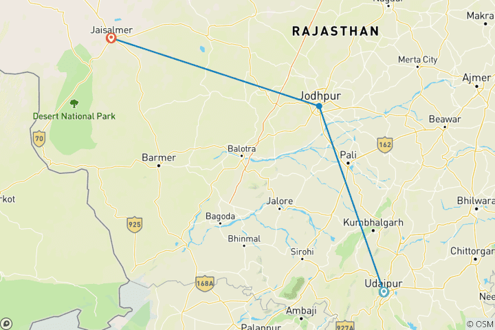 Kaart van 5 Nachten 6 Dagen Budget Vriendelijke Rajasthan Tour met Udaipur, Jodhpur en Jaisalmer