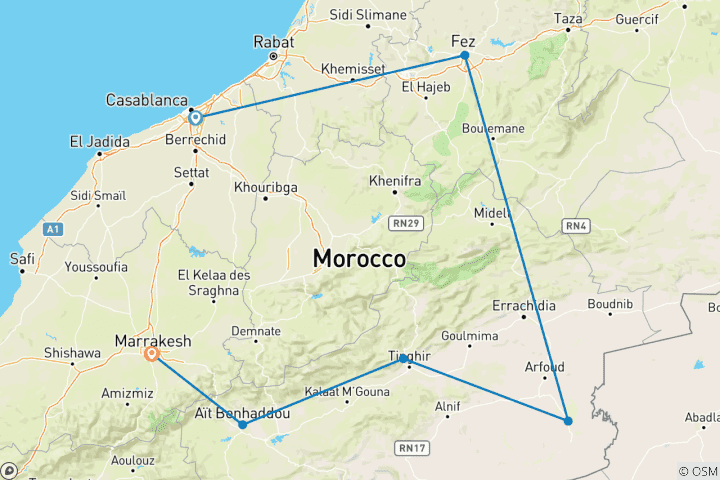 Carte du circuit Circuit d'aventure dans le désert de Casablanca à Marrakech.