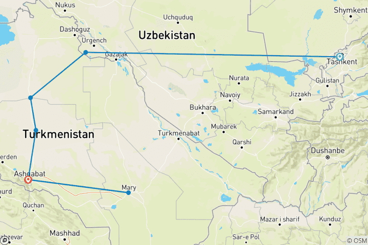 Map of Tashkent to Ashgabat (7 destinations)