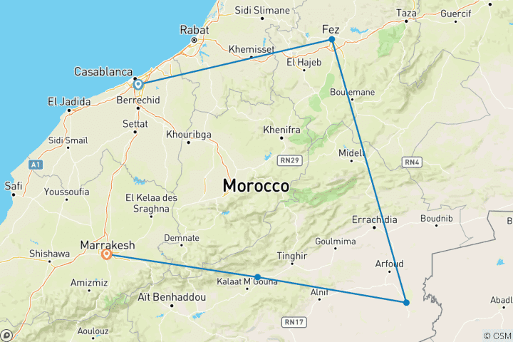 Map of 7 Days Morocco Highlights Tour From Casablanca To Marrakech Via Desert