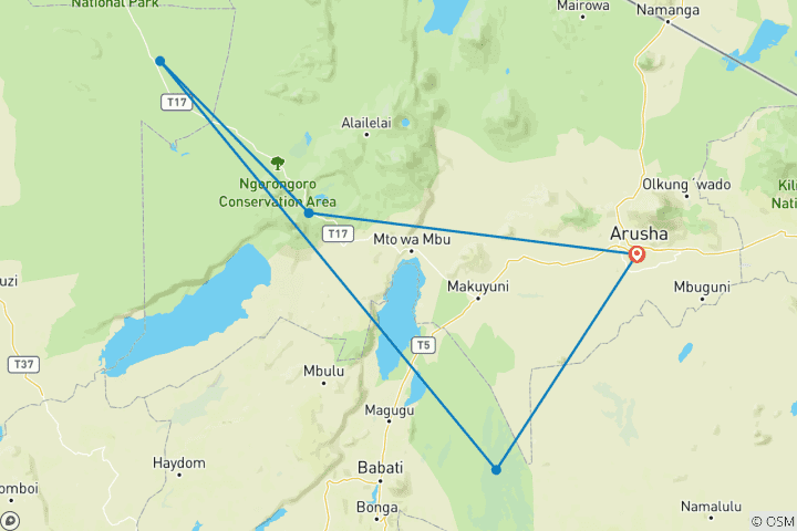 Carte du circuit Safari de 6 jours à la découverte de la faune et de la flore de Tanzanie