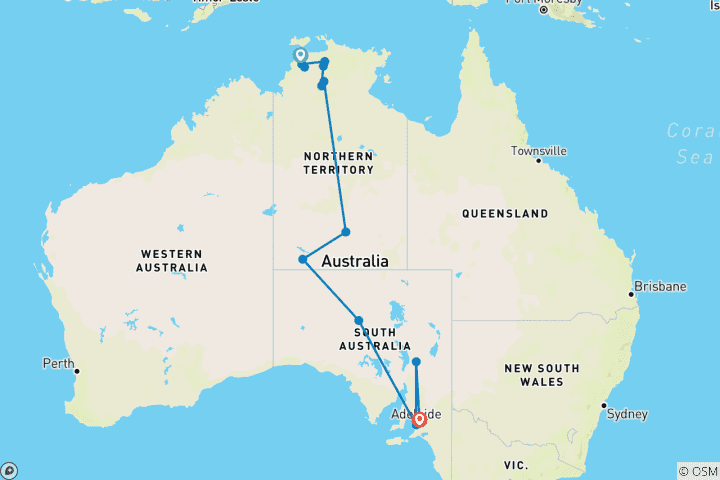 Carte du circuit L'Australie centrale et le Ghan (from Darwin to Vallée de la Barossa)