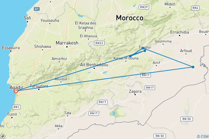 Mapa de Circuito de 3 días por el desierto de Agadir a Merzouga