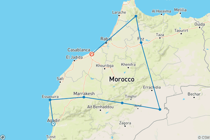 Map of 9 Days Morocco Tour From Agadir to Casablanca via Sahara