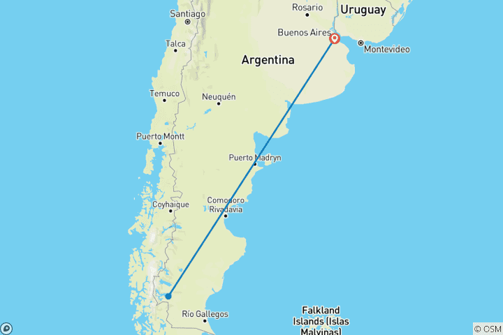 Mapa de 2 días y 1 noche de experiencia en El Calafate con billete de avión desde Buenos Aires