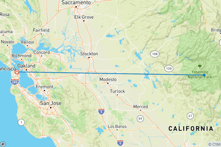 Map of LGBTQIA+ Yosemite Escape Camping Tour