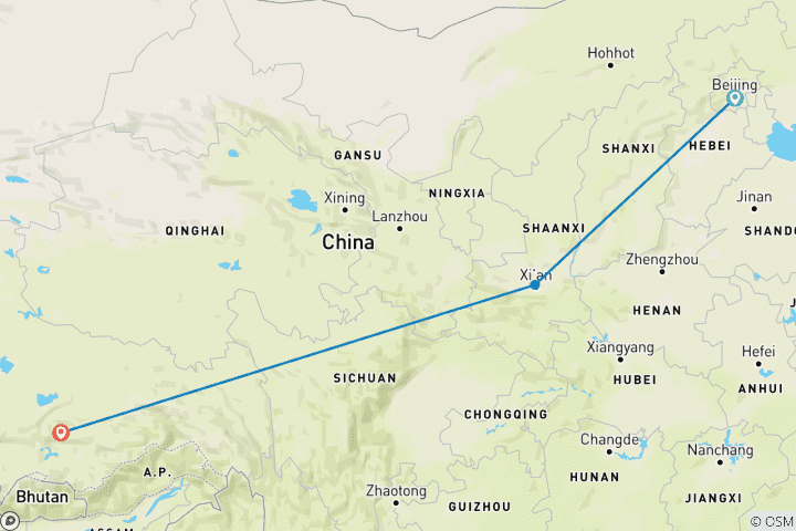 Map of Small Group China Tour to Explore Beijing - Xi'an - Lhasa