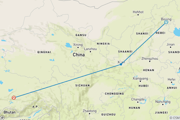 Kaart van 9 Daagse China Rondreis in kleine groep naar Peking - Xi'an - Lhasa